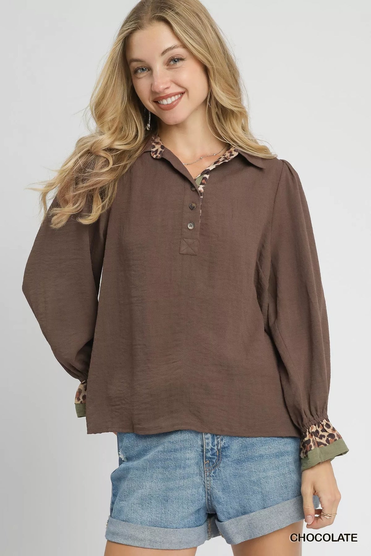 Umgee Half Button Blouse with Leopard Print Trim – Applauses Boutique